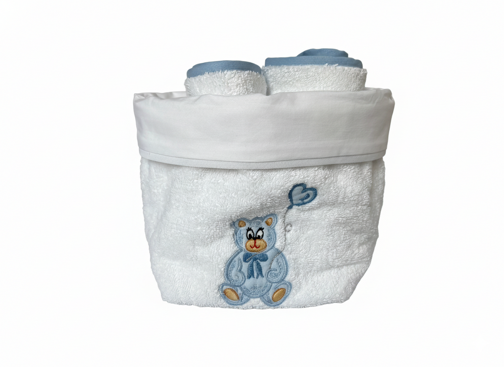 Cestino portalavette con orsetto azzurro, con due lavette incluse