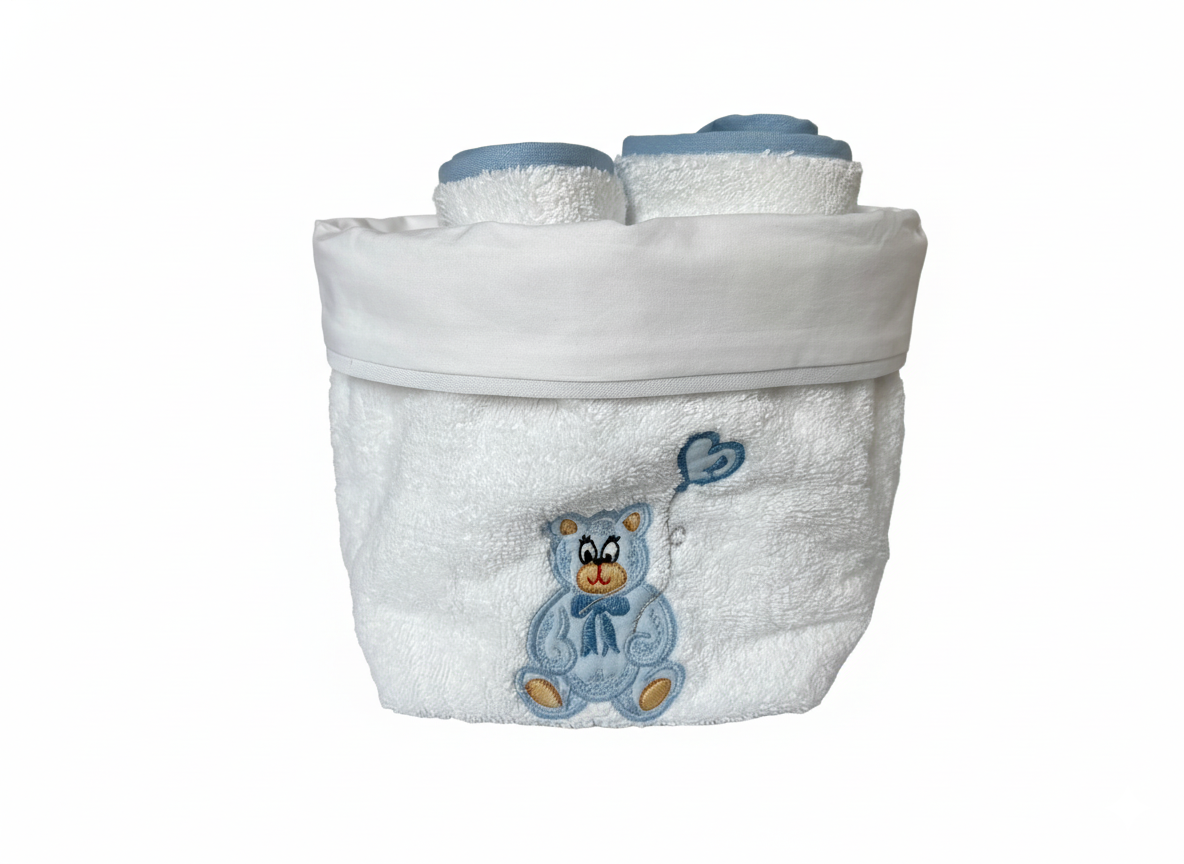 Cestino portalavette con orsetto azzurro, con due lavette incluse