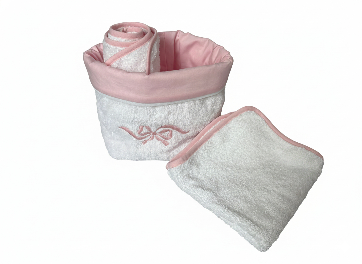 Cestino portalavette con ricamo a fiocco rosa, due lavette incluse