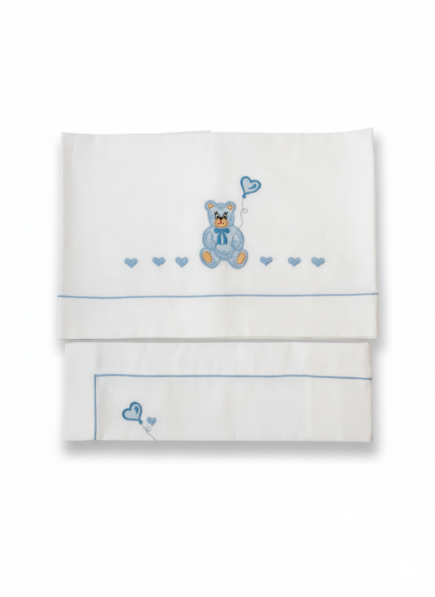 Lenzuola per carrozzina con ricamo a orsetti azzurri