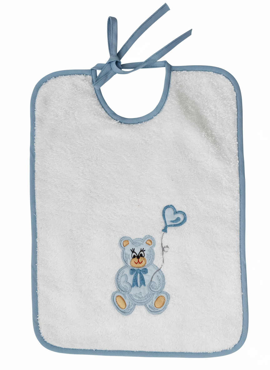 Bavaglio con ricamo orsetto e bordura azzurro in spugna