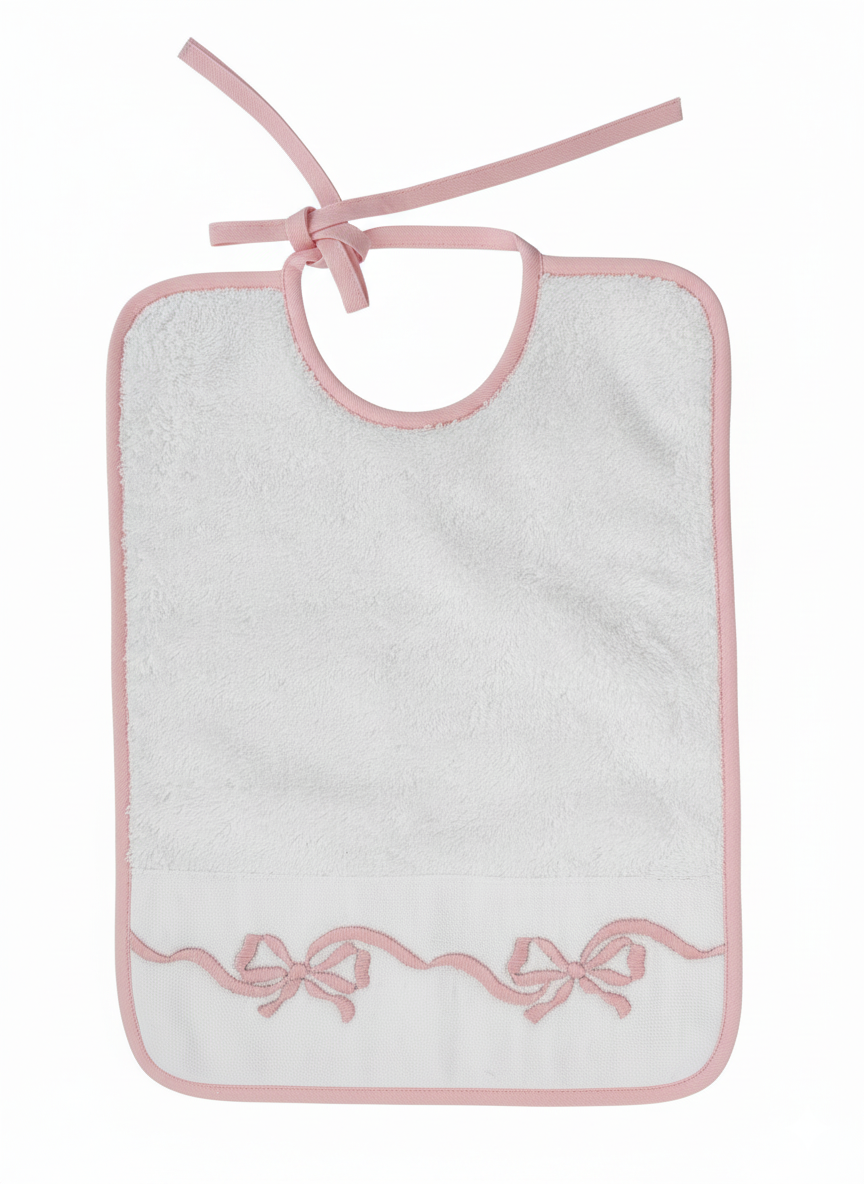 Bavaglio con ricamo fiocco rosa e bordura rosa in spugna