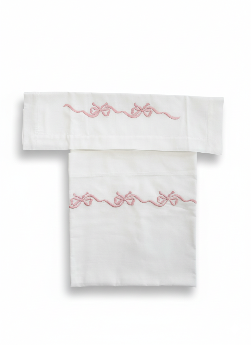 Lenzuola per carrozzina con ricamo a fiocchi rosa