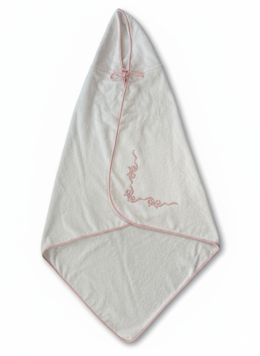 Mantella da bagno a cappuccetto con fiocco rosa